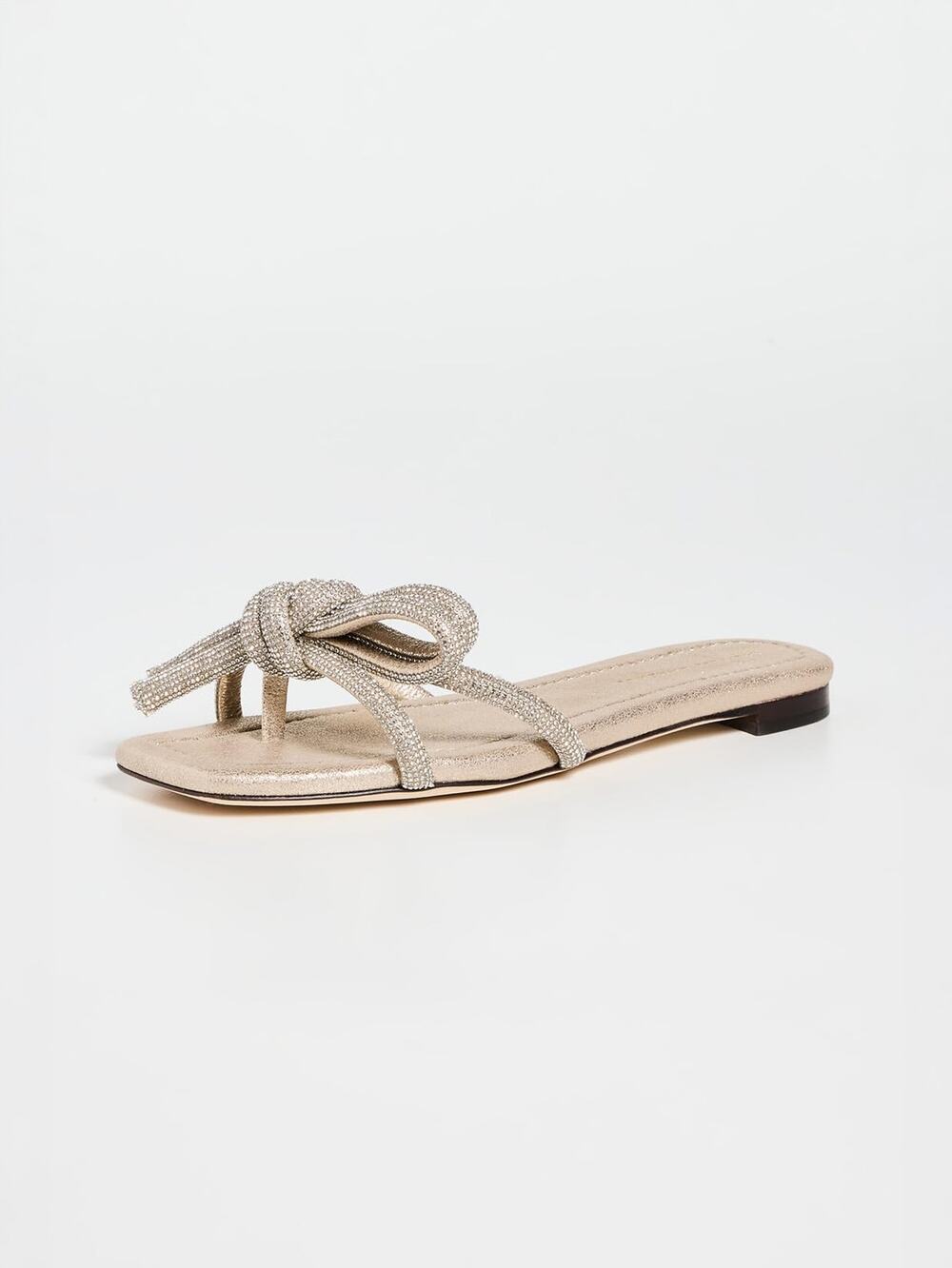 NIB Loeffler Randall Hadley Cappuccino Metallic Bow Flat Sandals Size 7.5 EU 38